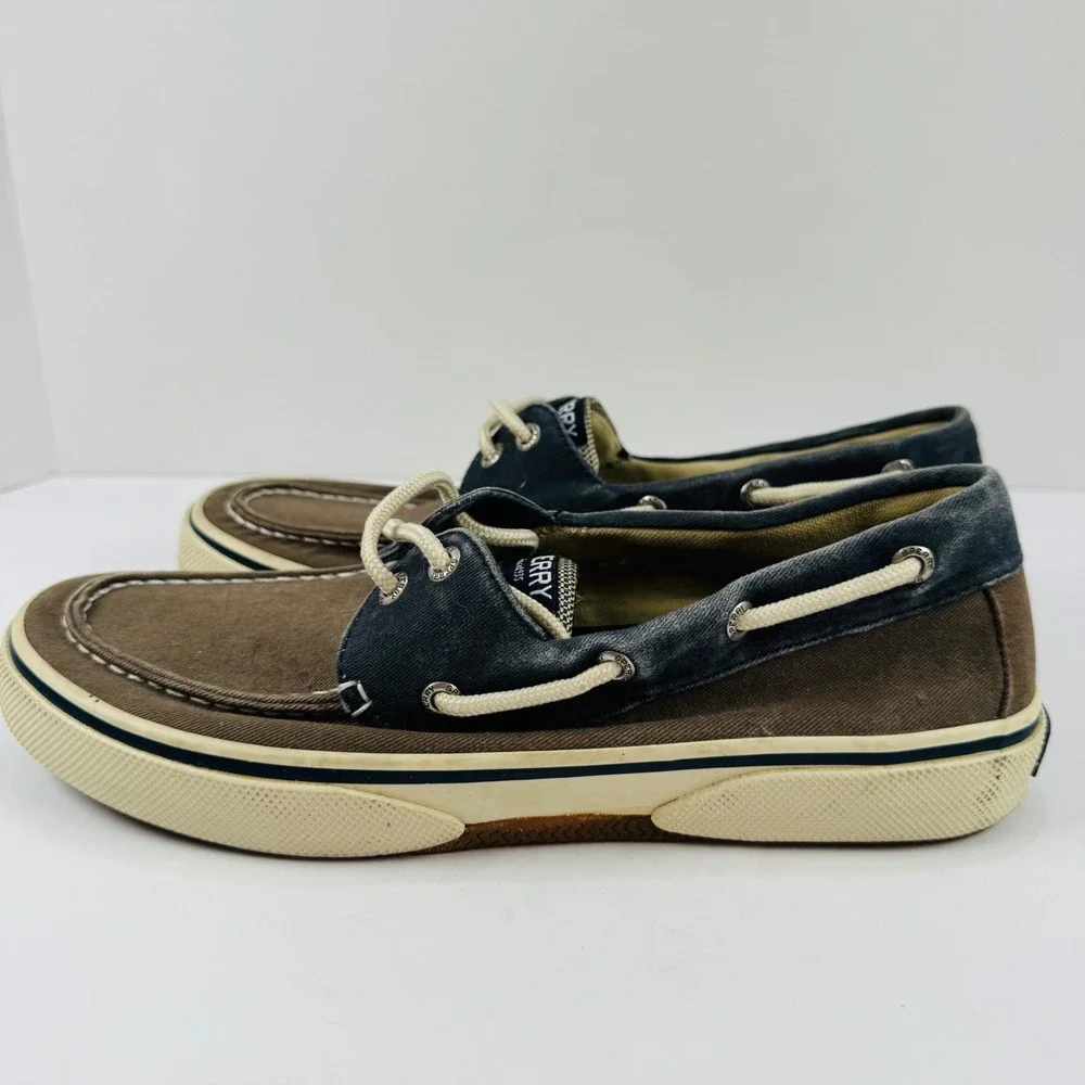 Sperry Top-Sider Bahama 2-Eye Mens 8M Brown Navy Canvas Boat Shoe STS13964